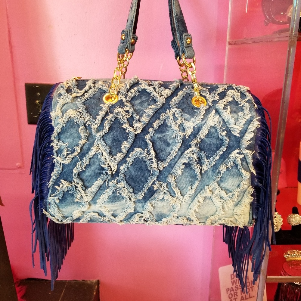 Large Denim Fringe Handbag